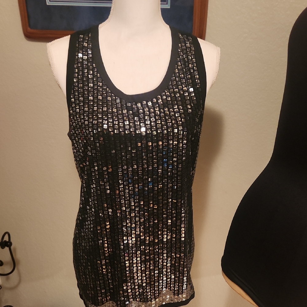 Calvin Klein Black and Silver Sequin Sleeveless Tank Top